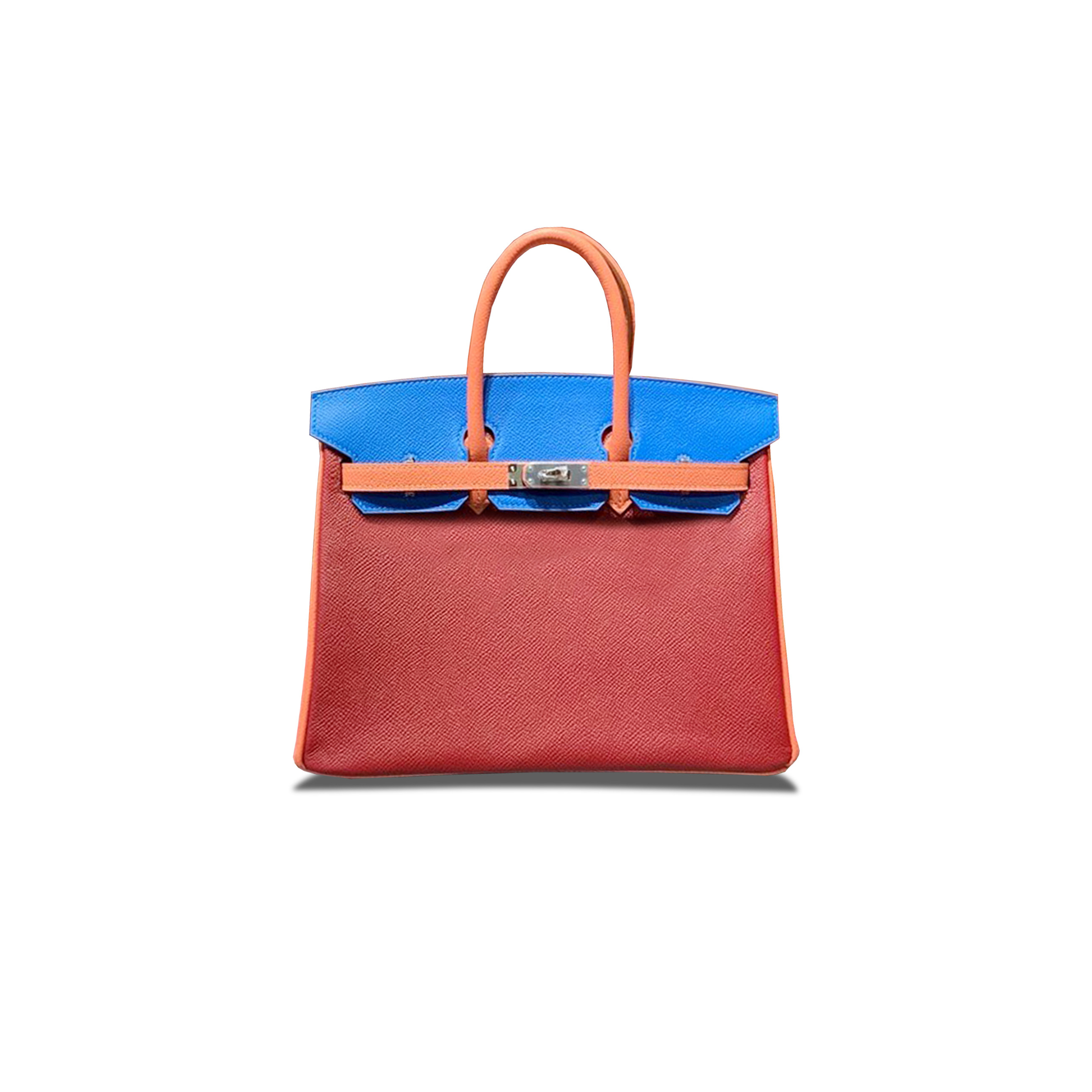 HERMES BIRKIN 25 EPSOM RUBY RED LOBSTER PINK NYLON BLUE SILVER BUCKLE BAG H028362CC08 (25*18*13cm)